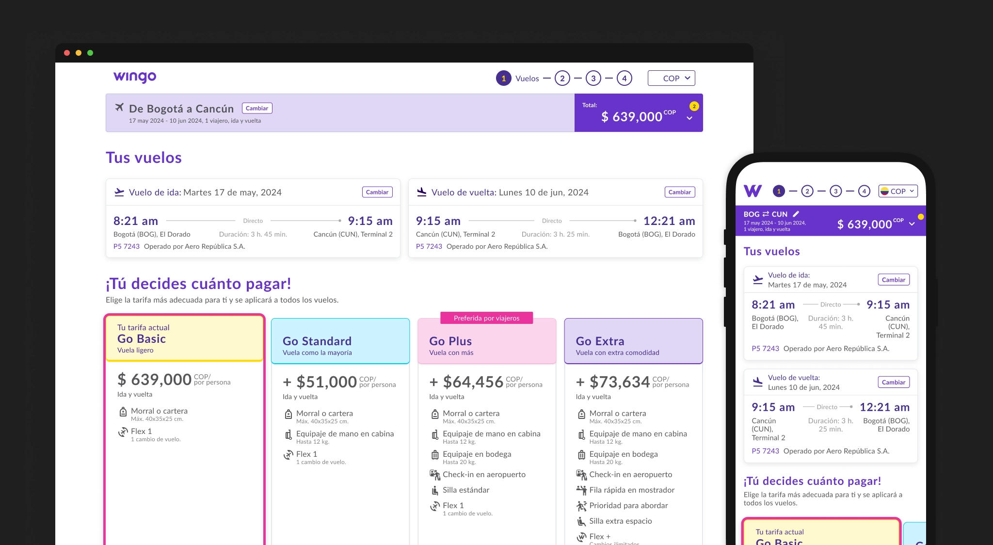 Tarifas desktop y mobile de Wingo