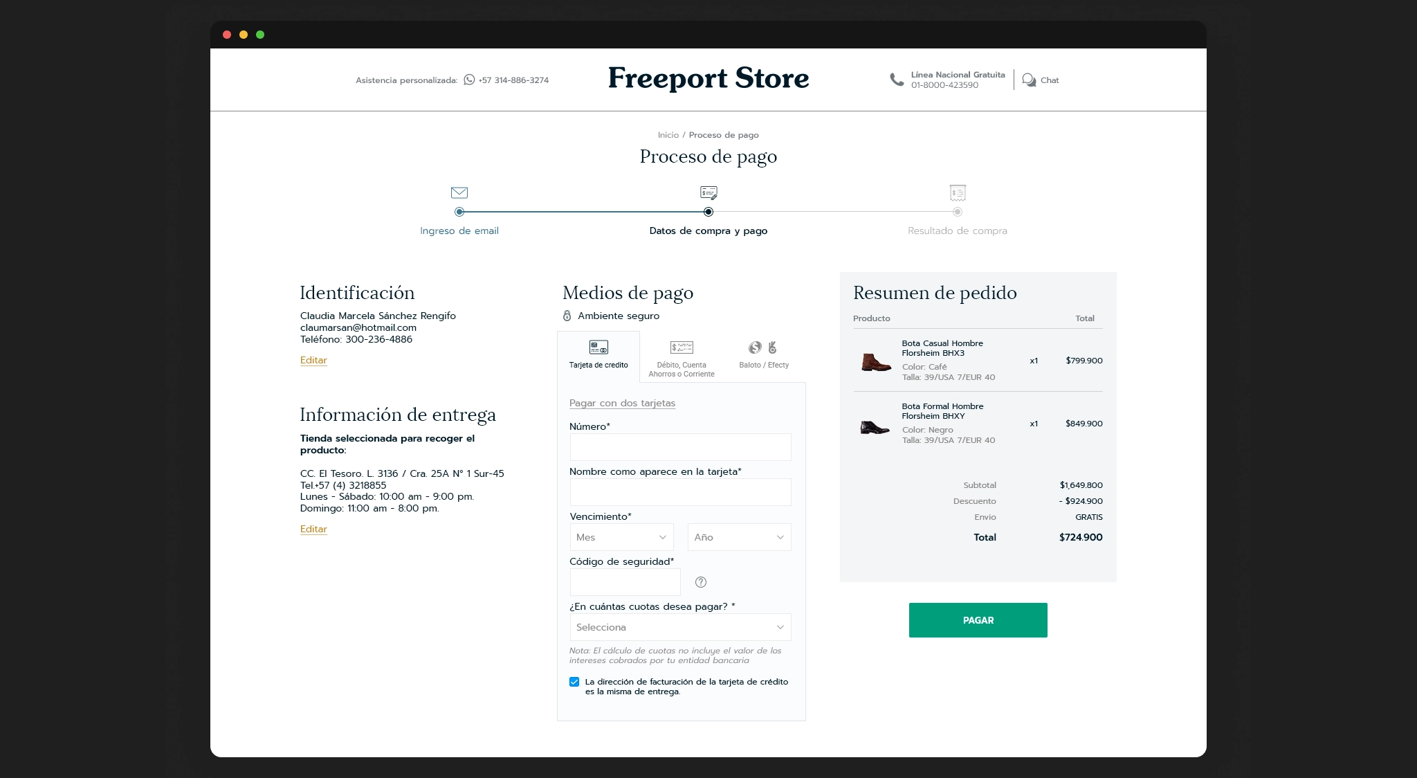 Proceso de pago Freeport Store