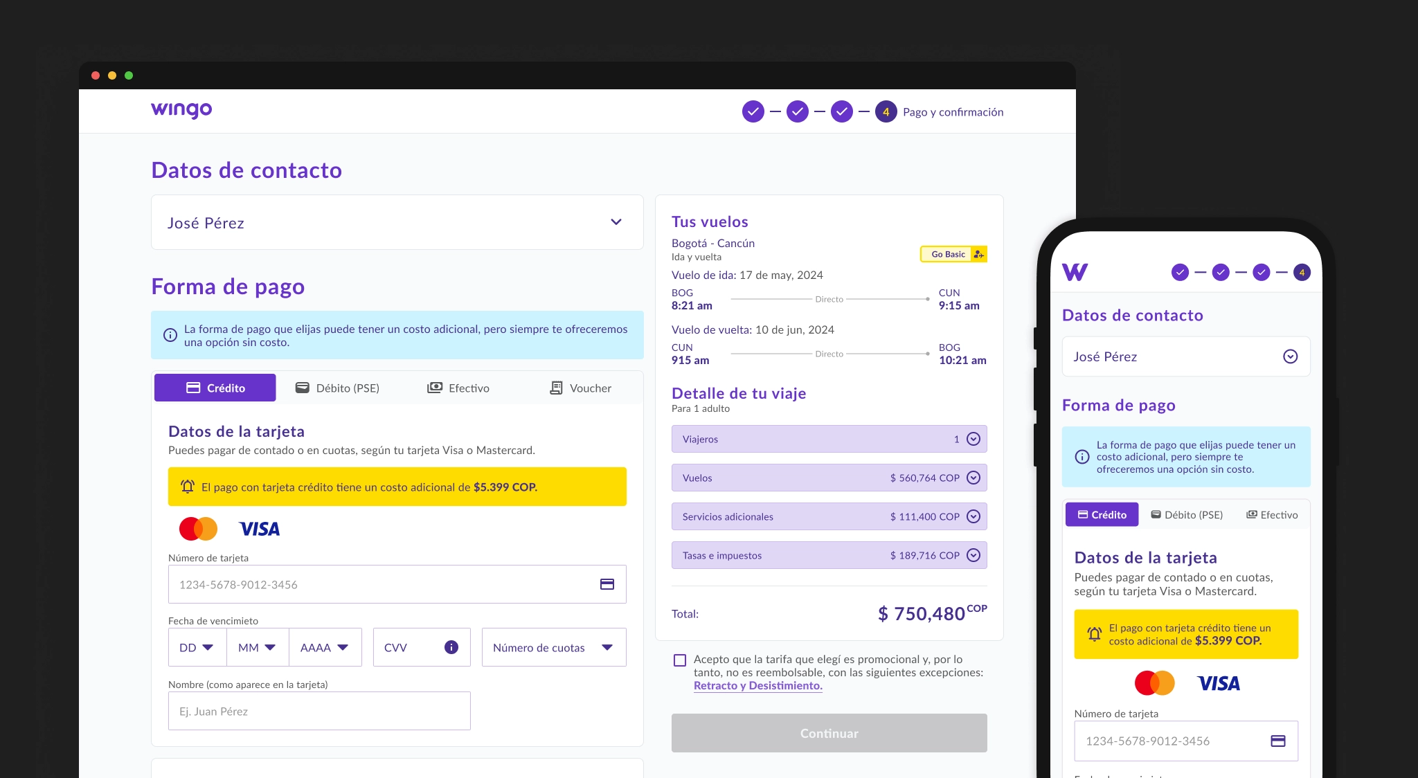 Pasarela de pago desktop y mobile de Wingo