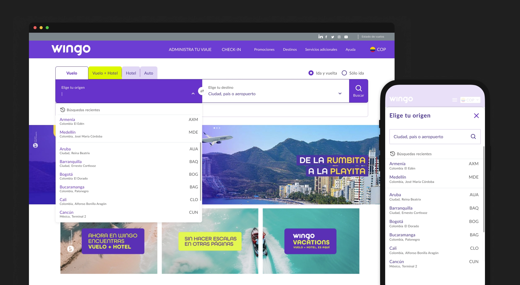 Página desktop y mobile de Wingo