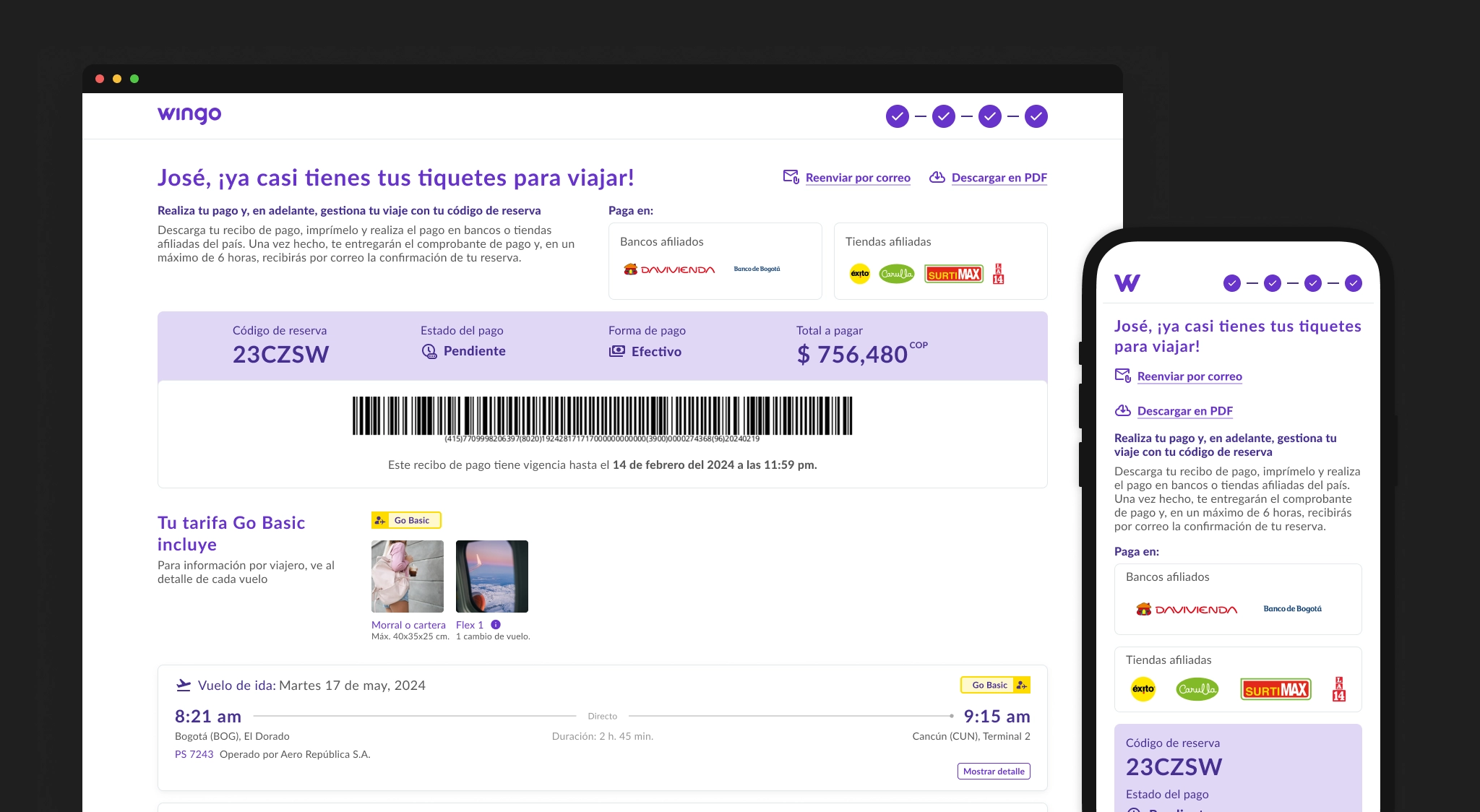 Confirmación desktop y mobile de Wingo